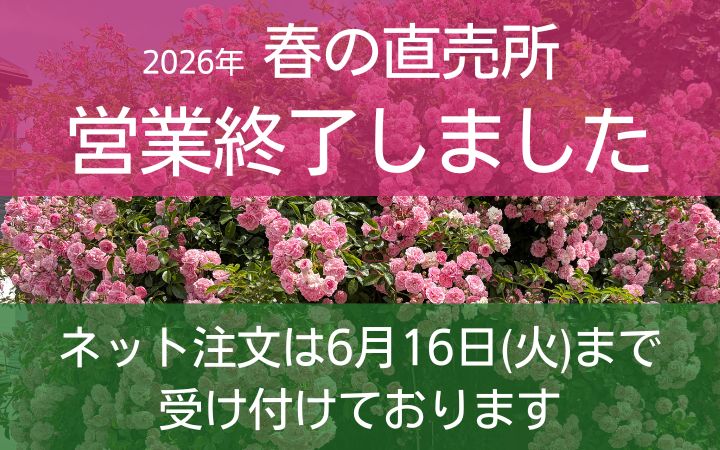 <em>終了しました！</em>今年の直売所の営業は6月9日を持ちまして終了いたしました。多くの方のご来店、誠にありがとうございました。なおインターネット通販では6月16日までご注文を受け付けております。<b>東久留米市の生産直売所</b>
