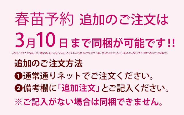 <em>26年の春苗をすでにご予約いただいたお客様へ</em>新苗、大苗、肥料、誘引紐を追加の場合、3月10日までの追加のご注文でしたら、同梱ができます。送料が節約できるかもしれません！<b>春苗予約・お買い物</b>